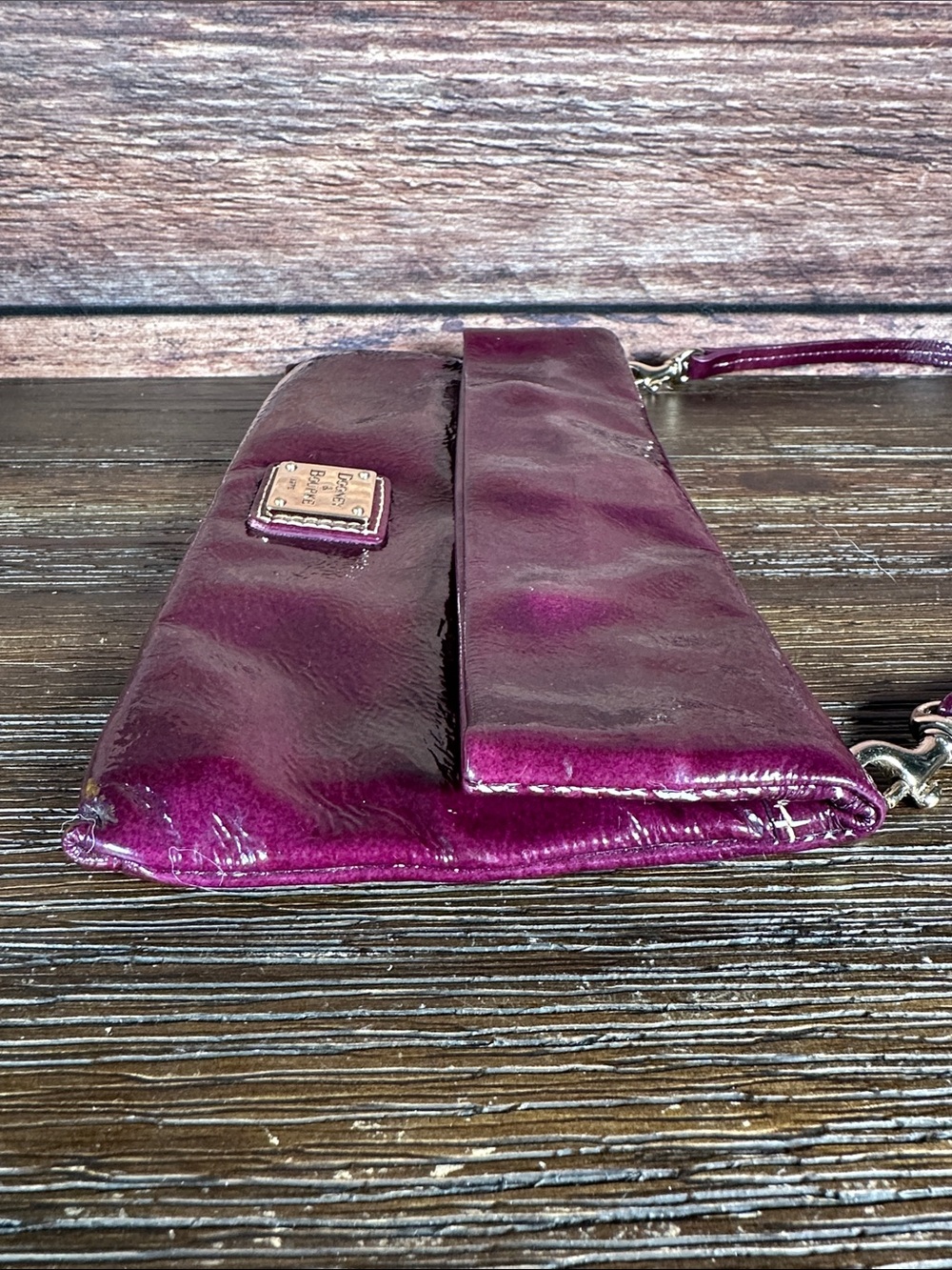 Dooney & Bourke Plum Patent Leather Fold-Over Clutch Shoulder Bag - Picture 5 of 10